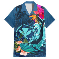 Hawaii Family Matching Puletasi and Hawaiian Shirt Whale Mix Hibiscus and Kanaka Maoli Blue Version LT03 Dad's Shirt - Short Sleeve Blue - Polynesian Pride