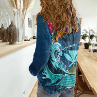 Hawaii Women Casual Shirt Whale Mix Hibiscus and Kanaka Maoli Blue Version LT03 - Polynesian Pride