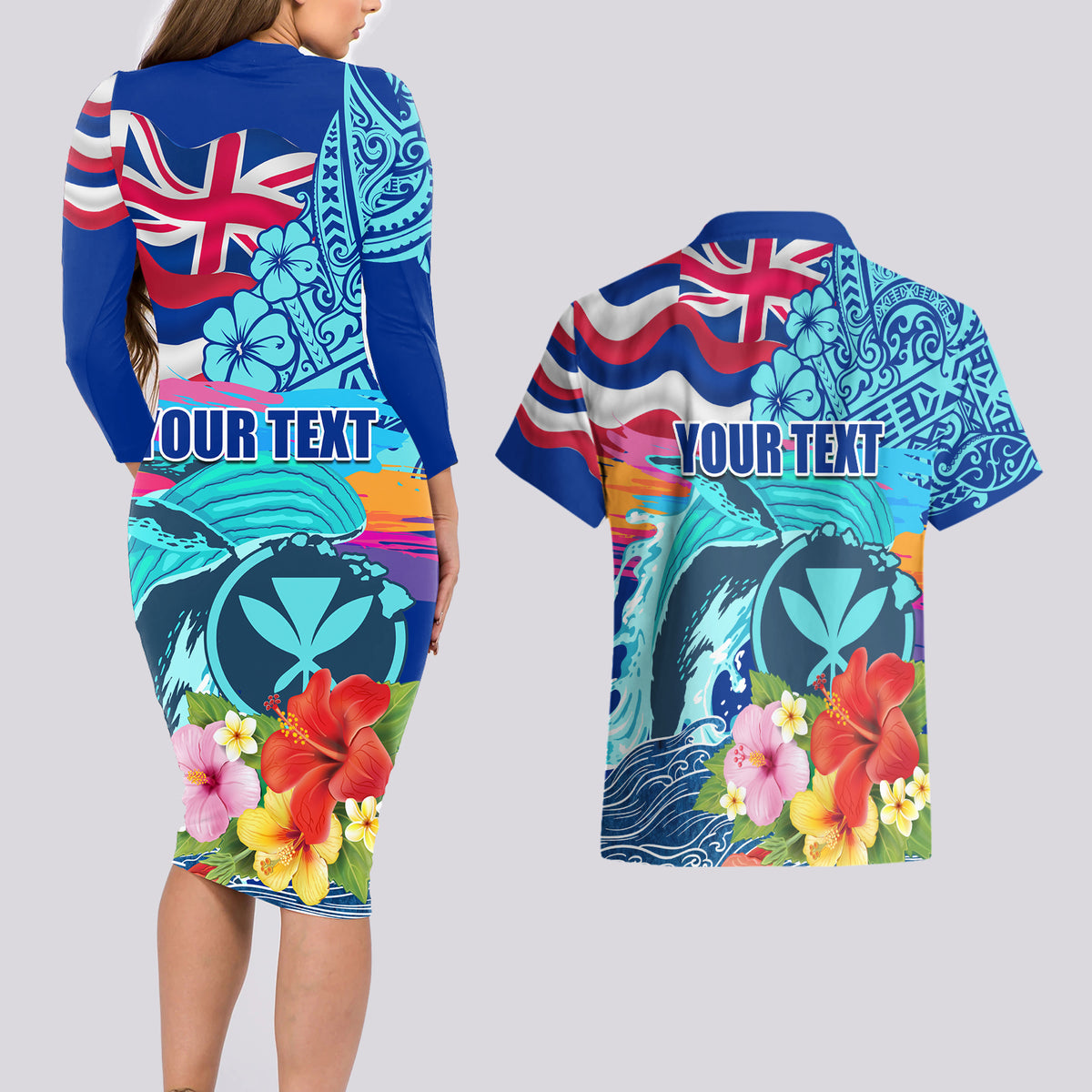 Hawaii Race For Whales Couples Matching Long Sleeve Bodycon Dress and Hawaiian Shirt Flag and Polynesian Hibiscus LT03 - Polynesian Pride