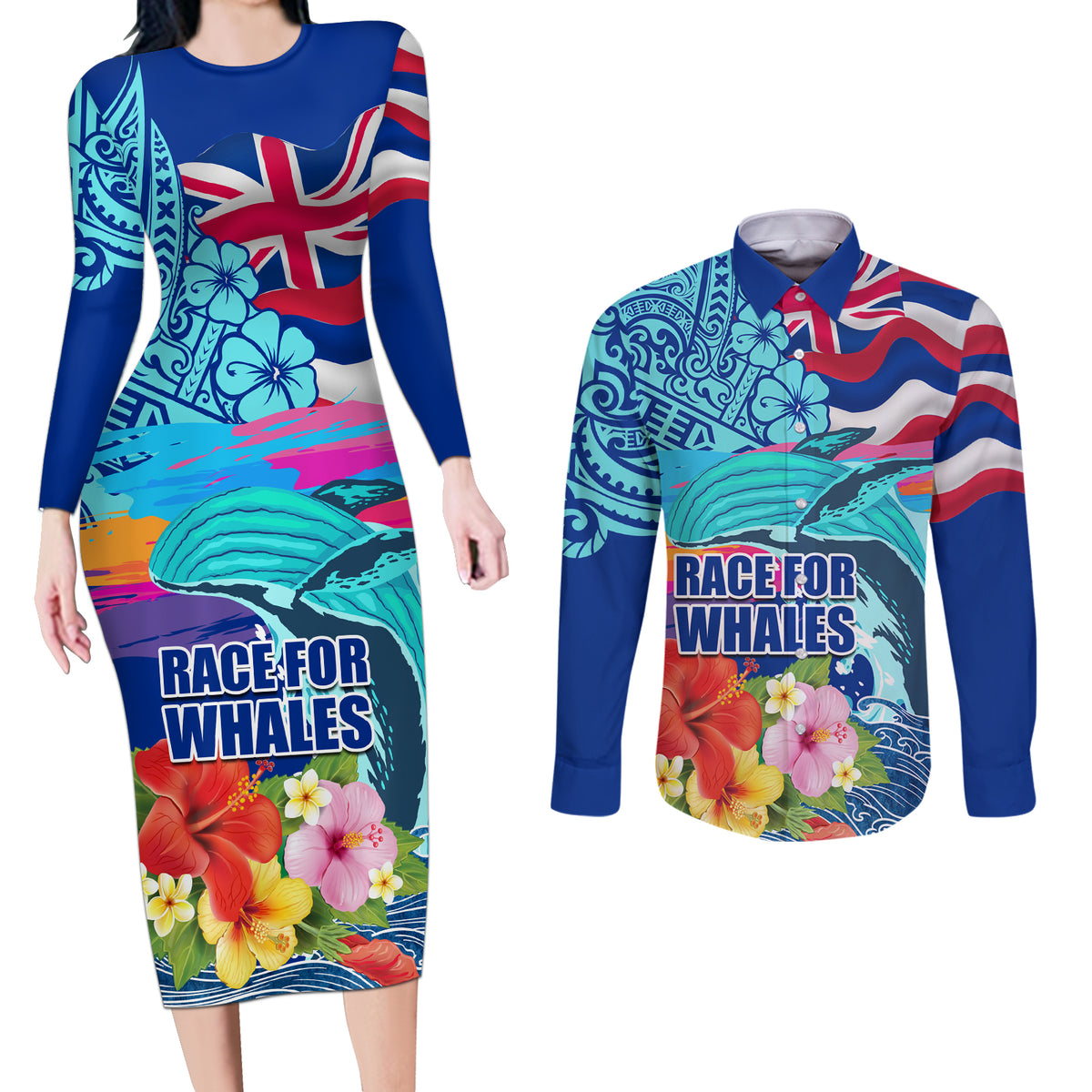 Hawaii Race For Whales Couples Matching Long Sleeve Bodycon Dress and Long Sleeve Button Shirt Flag and Polynesian Hibiscus LT03 Blue - Polynesian Pride