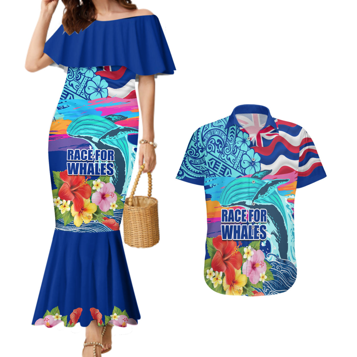 Hawaii Race For Whales Couples Matching Mermaid Dress and Hawaiian Shirt Flag and Polynesian Hibiscus LT03 Blue - Polynesian Pride