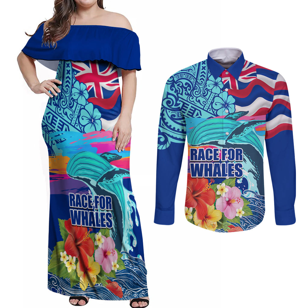 Hawaii Race For Whales Couples Matching Off Shoulder Maxi Dress and Long Sleeve Button Shirt Flag and Polynesian Hibiscus LT03 Blue - Polynesian Pride