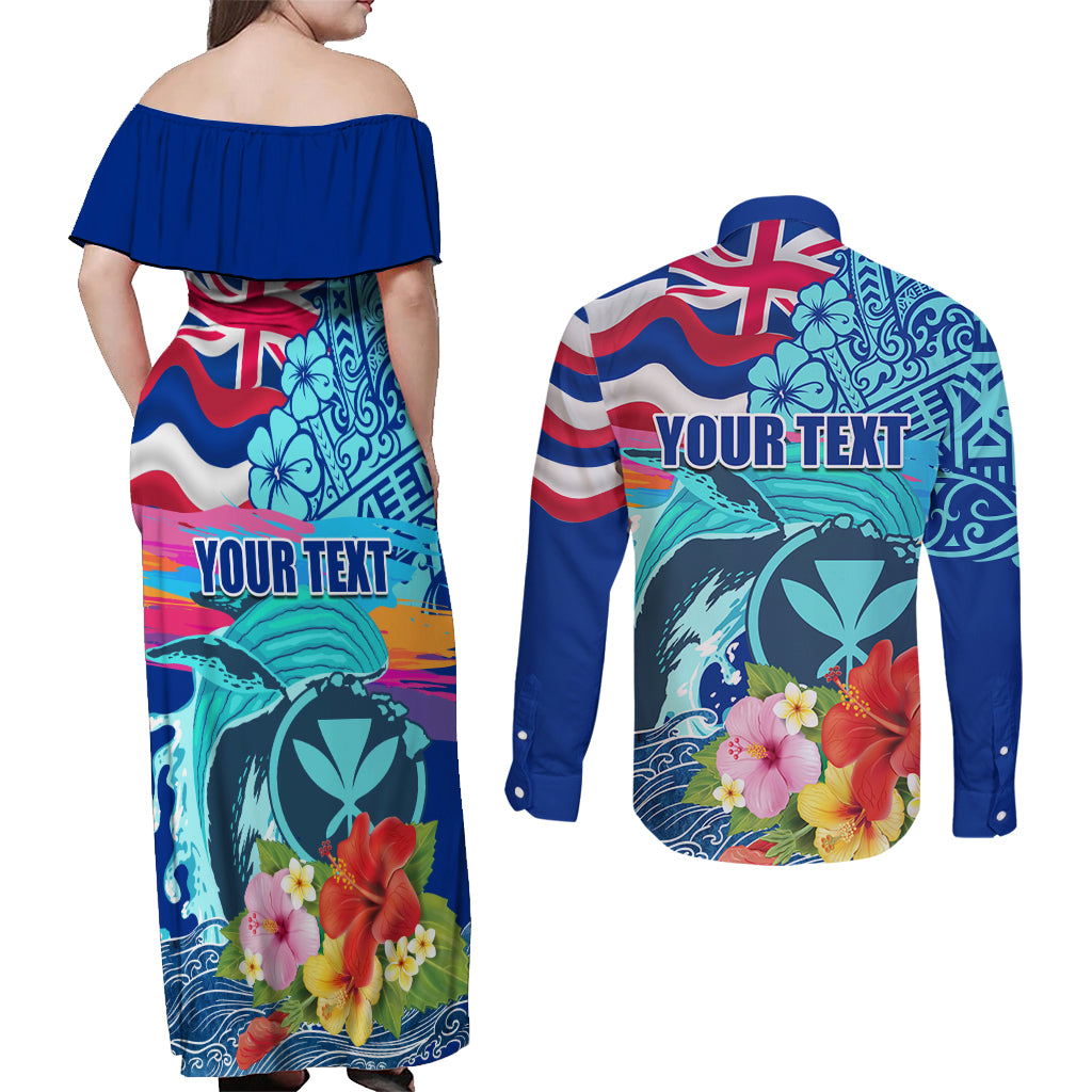 Hawaii Race For Whales Couples Matching Off Shoulder Maxi Dress and Long Sleeve Button Shirt Flag and Polynesian Hibiscus LT03 - Polynesian Pride