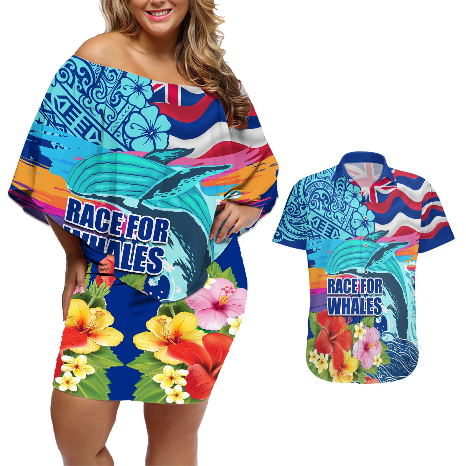Hawaii Race For Whales Couples Matching Off Shoulder Short Dress and Hawaiian Shirt Flag and Polynesian Hibiscus LT03 Blue - Polynesian Pride