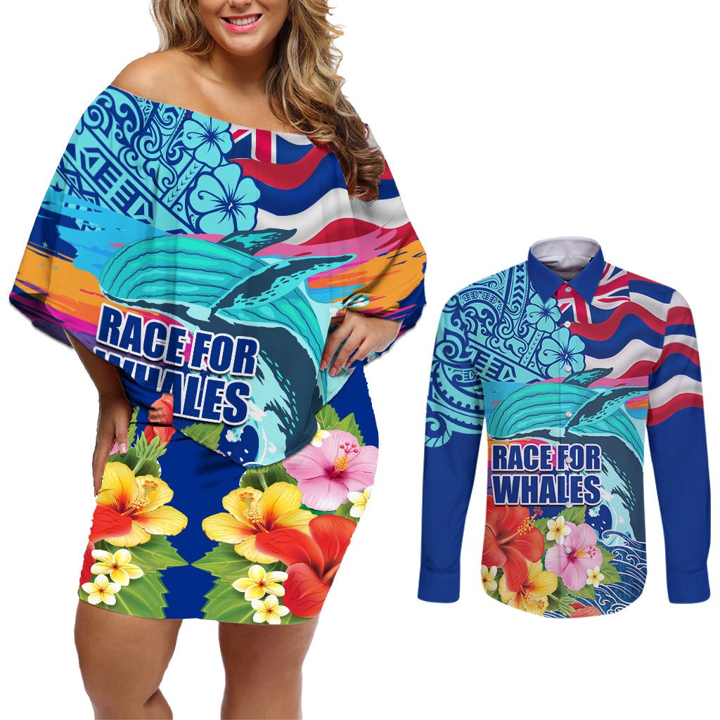 Hawaii Race For Whales Couples Matching Off Shoulder Short Dress and Long Sleeve Button Shirt Flag and Polynesian Hibiscus LT03 Blue - Polynesian Pride