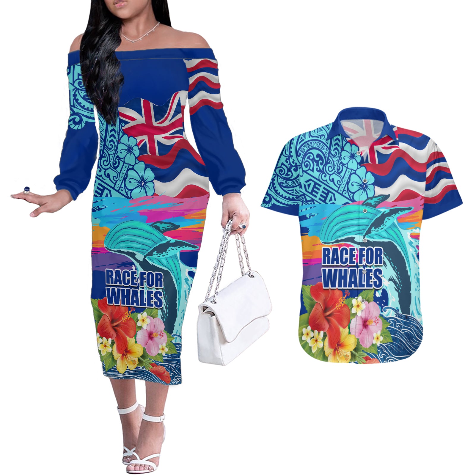 Hawaii Race For Whales Couples Matching Off The Shoulder Long Sleeve Dress and Hawaiian Shirt Flag and Polynesian Hibiscus LT03 Blue - Polynesian Pride