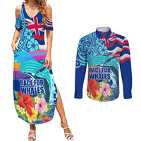 Hawaii Race For Whales Couples Matching Summer Maxi Dress and Long Sleeve Button Shirt Flag and Polynesian Hibiscus LT03 Blue - Polynesian Pride