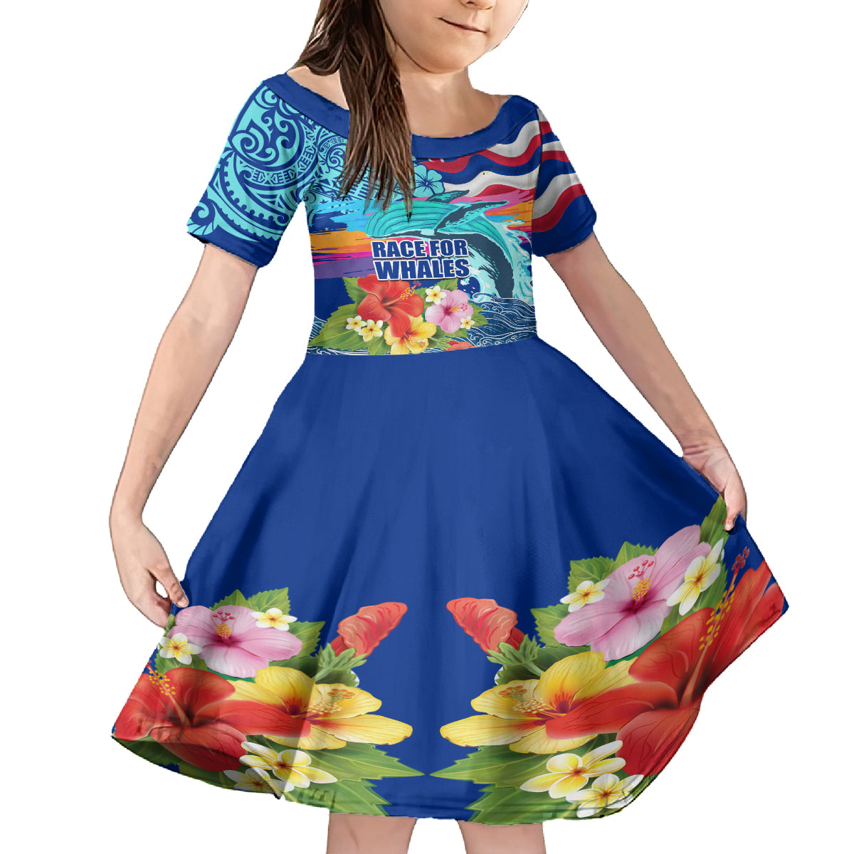 Hawaii Race For Whales Family Matching Off Shoulder Long Sleeve Dress and Hawaiian Shirt Flag and Polynesian Hibiscus LT03 Daughter's Dress Blue - Polynesian Pride
