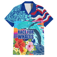 Hawaii Race For Whales Family Matching Puletasi and Hawaiian Shirt Flag and Polynesian Hibiscus LT03 Dad's Shirt - Short Sleeve Blue - Polynesian Pride