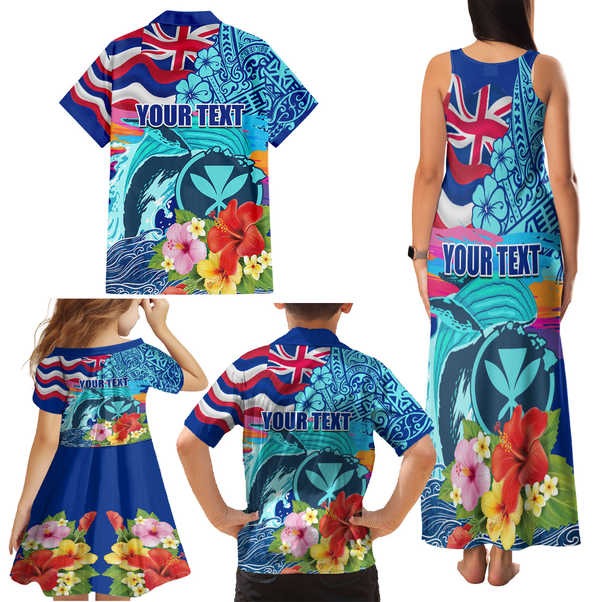 Hawaii Race For Whales Family Matching Tank Maxi Dress and Hawaiian Shirt Flag and Polynesian Hibiscus LT03 - Polynesian Pride