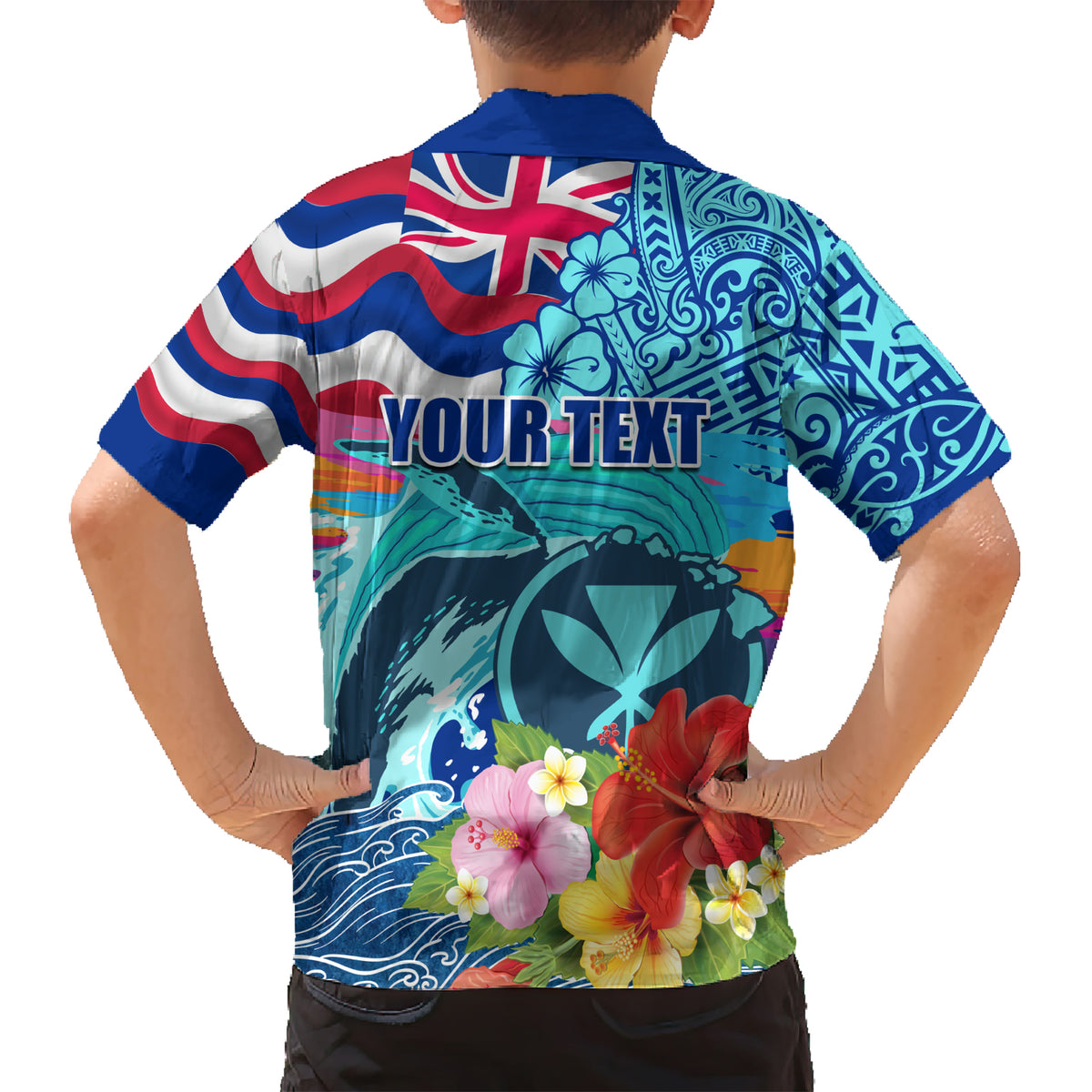 Hawaii Race For Whales Kid Hawaiian Shirt Flag and Polynesian Hibiscus LT03 - Polynesian Pride