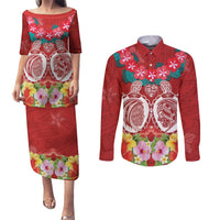 Polynesian Valentine Day Couples Matching Puletasi and Long Sleeve Button Shirt Love Couple Turtle Maori Hibiscus Red Style LT03 Red - Polynesian Pride
