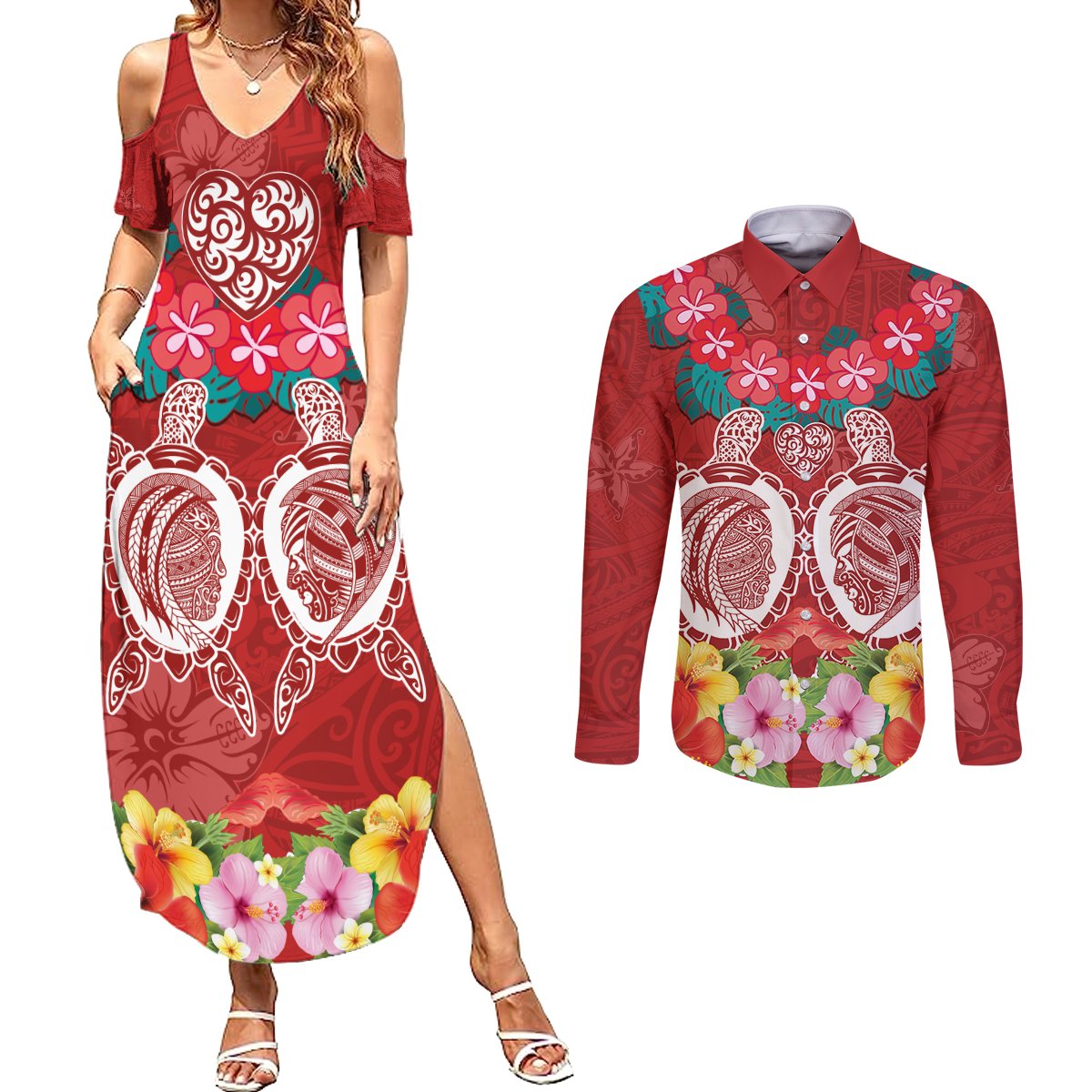 Polynesian Valentine Day Couples Matching Summer Maxi Dress and Long Sleeve Button Shirt Love Couple Turtle Maori Hibiscus Red Style LT03 Red - Polynesian Pride