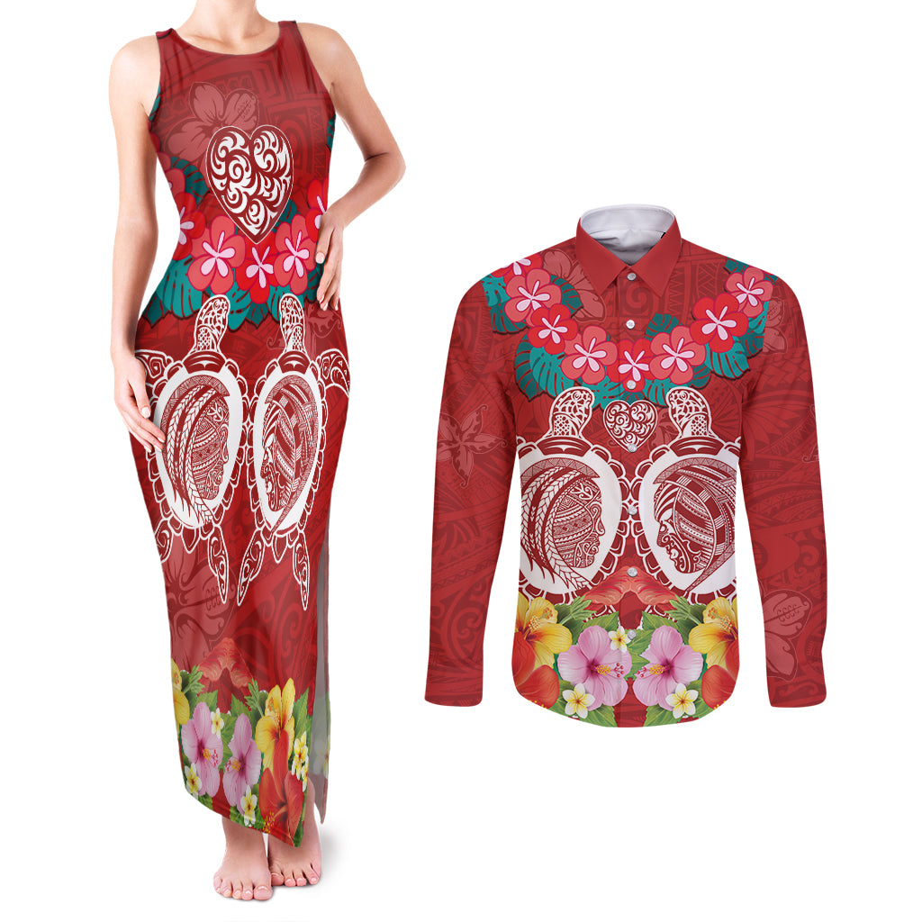 Polynesian Valentine Day Couples Matching Tank Maxi Dress and Long Sleeve Button Shirt Love Couple Turtle Maori Hibiscus Red Style LT03 Red - Polynesian Pride