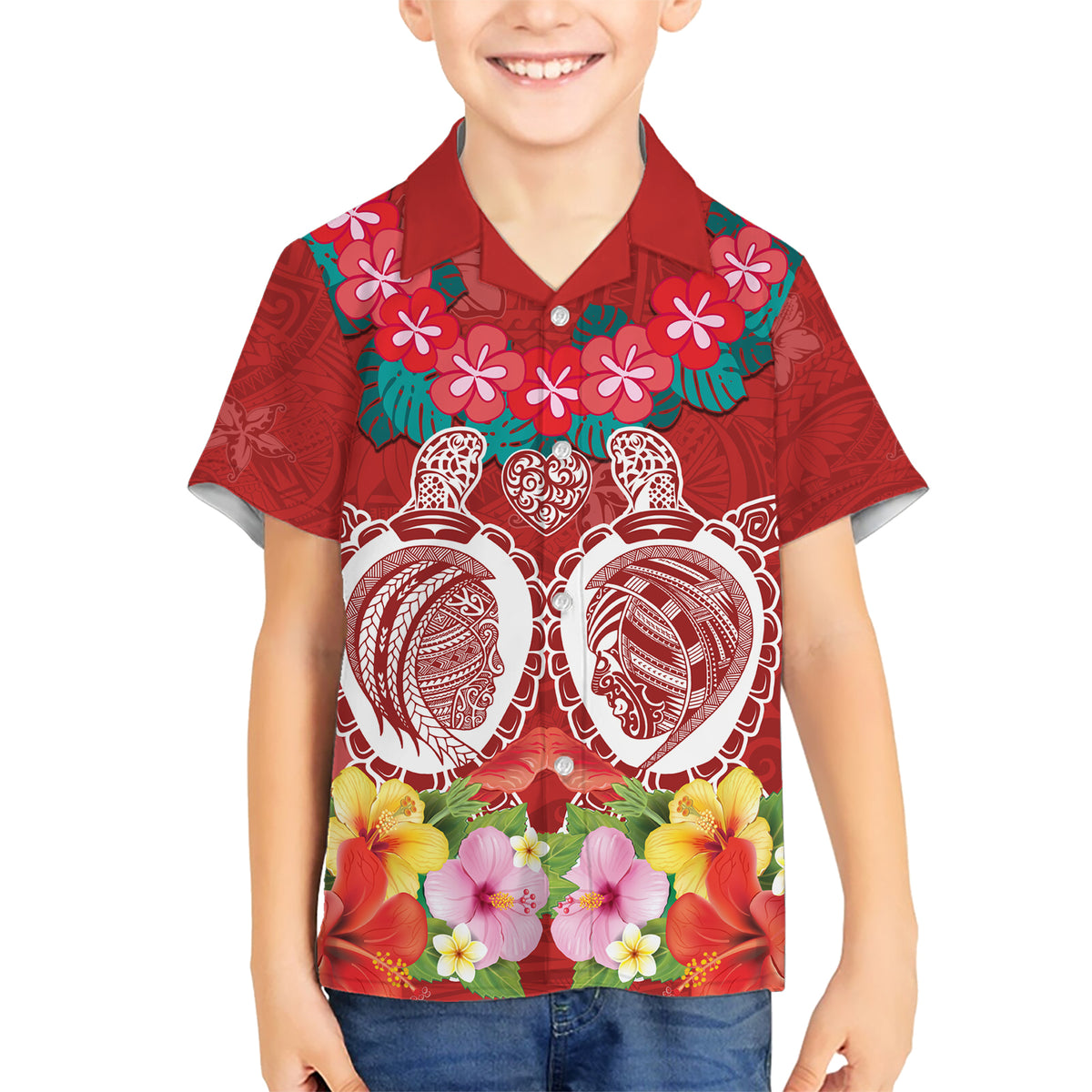 Polynesian Valentine Day Kid Hawaiian Shirt Love Couple Turtle Maori Hibiscus Red Style LT03 Kid Red - Polynesian Pride