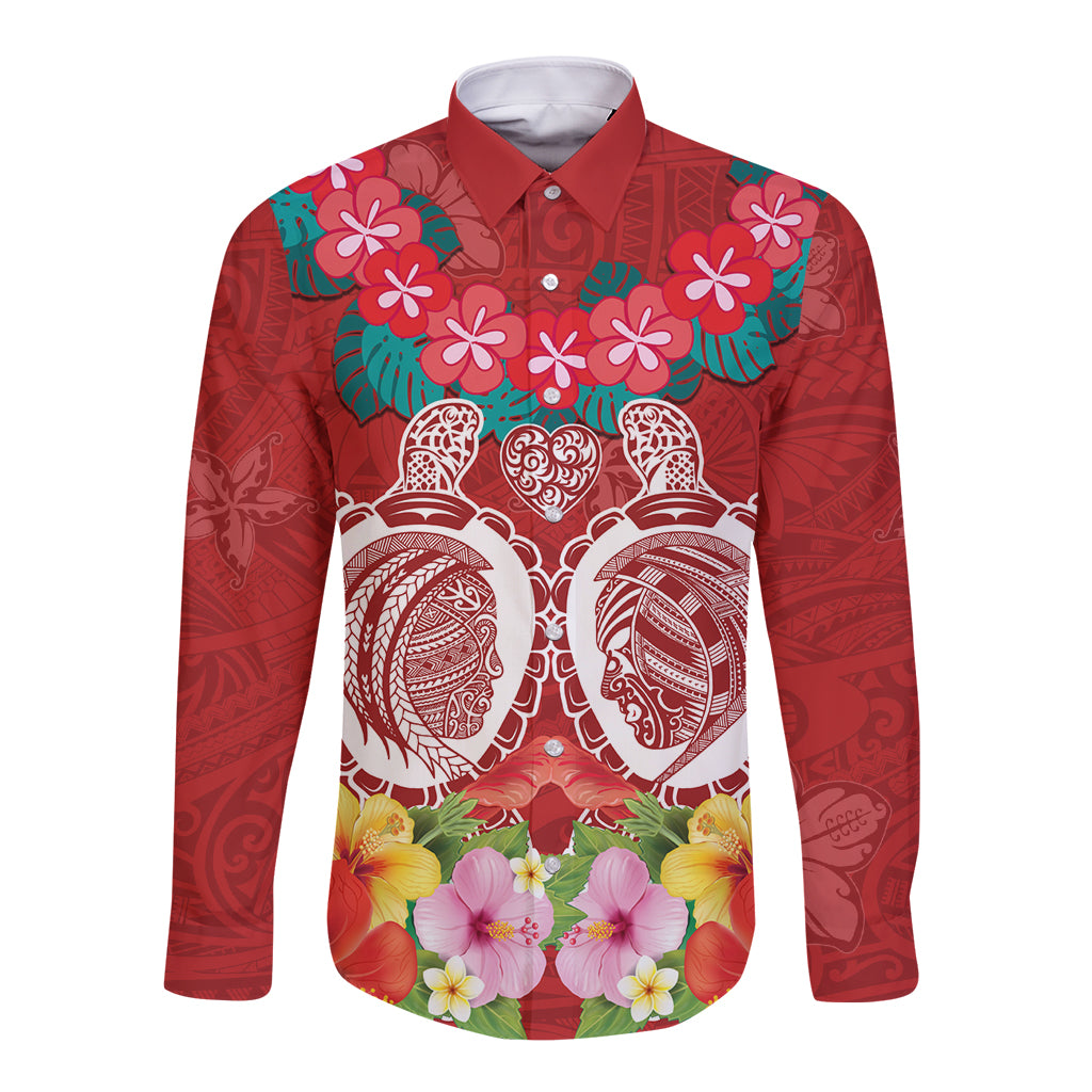 Polynesian Valentine Day Long Sleeve Button Shirt Love Couple Turtle Maori Hibiscus Red Style LT03 Unisex Red - Polynesian Pride