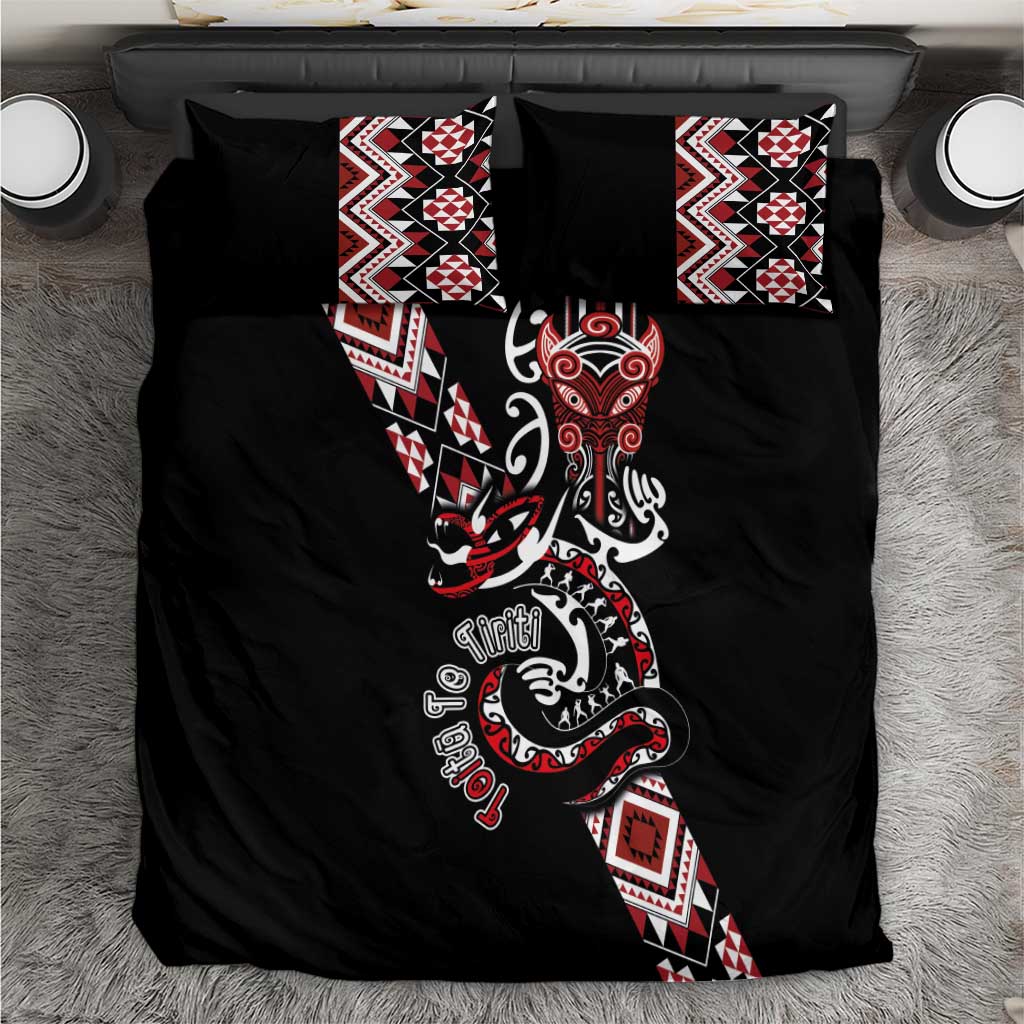 Aotearoa Toitu Te Tiriti-Honour the Treaty Bedding Set Maori Taniwha Haka with Taniko and Tukutuku LT03 Black - Polynesian Pride