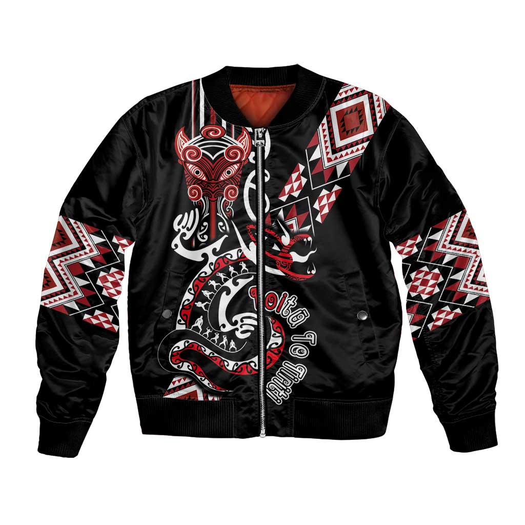 Aotearoa Toitu Te Tiriti-Honour the Treaty Bomber Jacket Maori Taniwha Haka with Taniko and Tukutuku LT03 Unisex Black - Polynesian Pride