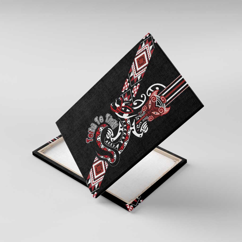 Aotearoa Toitu Te Tiriti-Honour the Treaty Canvas Wall Art Maori Taniwha Haka with Taniko and Tukutuku LT03 With Frame Black - Polynesian Pride