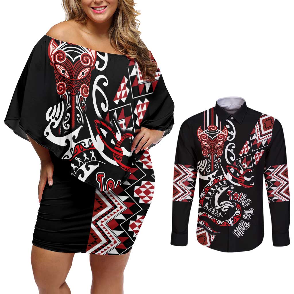 Aotearoa Toitu Te Tiriti-Honour the Treaty Couples Matching Off Shoulder Short Dress and Long Sleeve Button Shirt Maori Taniwha Haka with Taniko and Tukutuku LT03 Black - Polynesian Pride