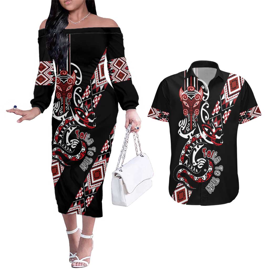 Aotearoa Toitu Te Tiriti-Honour the Treaty Couples Matching Off The Shoulder Long Sleeve Dress and Hawaiian Shirt Maori Taniwha Haka with Taniko and Tukutuku LT03 Black - Polynesian Pride