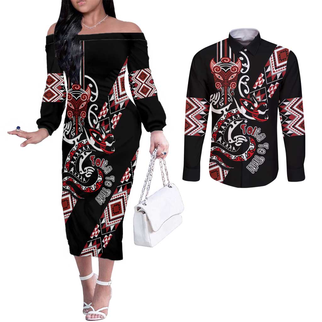 Aotearoa Toitu Te Tiriti-Honour the Treaty Couples Matching Off The Shoulder Long Sleeve Dress and Long Sleeve Button Shirt Maori Taniwha Haka with Taniko and Tukutuku LT03 Black - Polynesian Pride