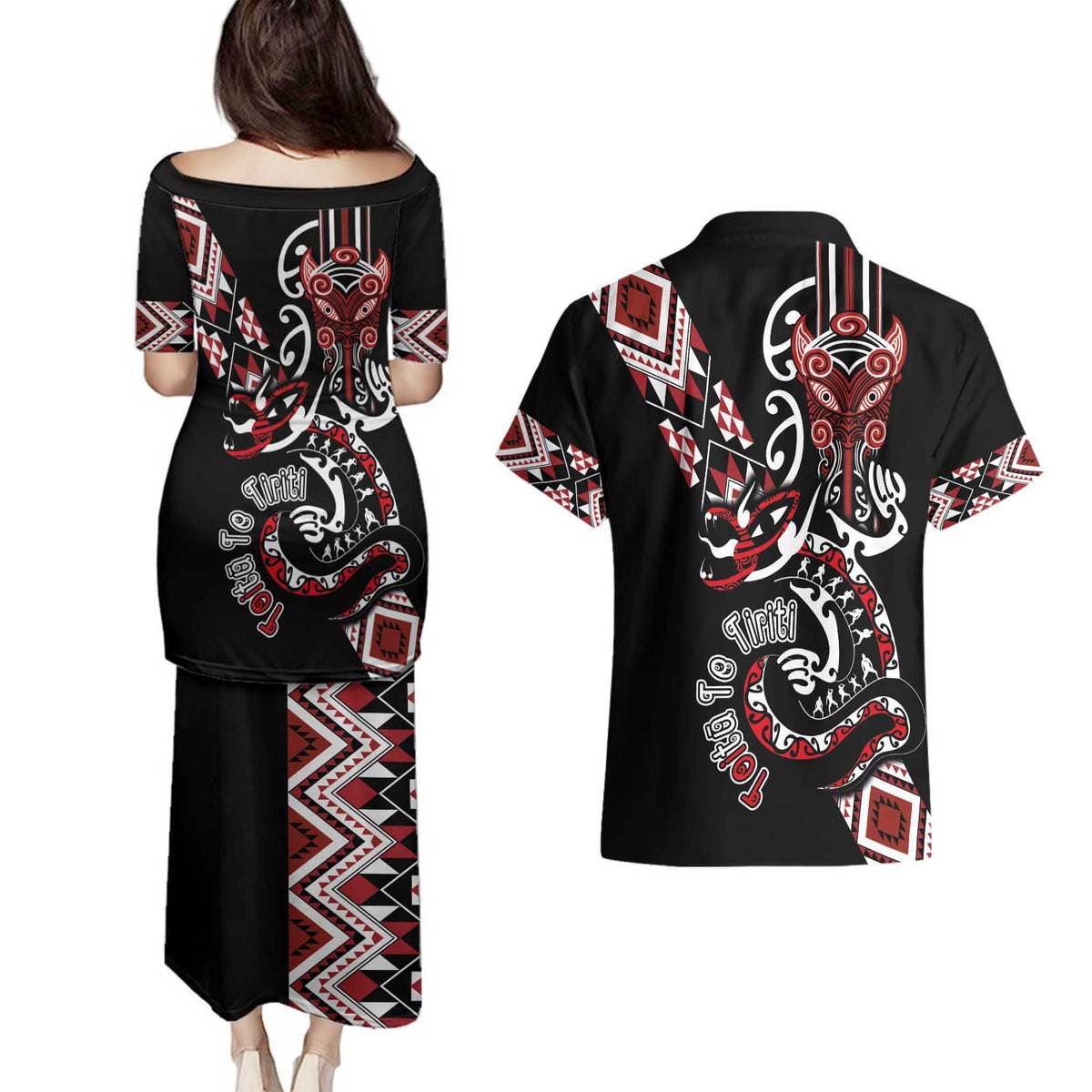 Aotearoa Toitu Te Tiriti-Honour the Treaty Couples Matching Puletasi and Hawaiian Shirt Maori Taniwha Haka with Taniko and Tukutuku LT03 - Polynesian Pride
