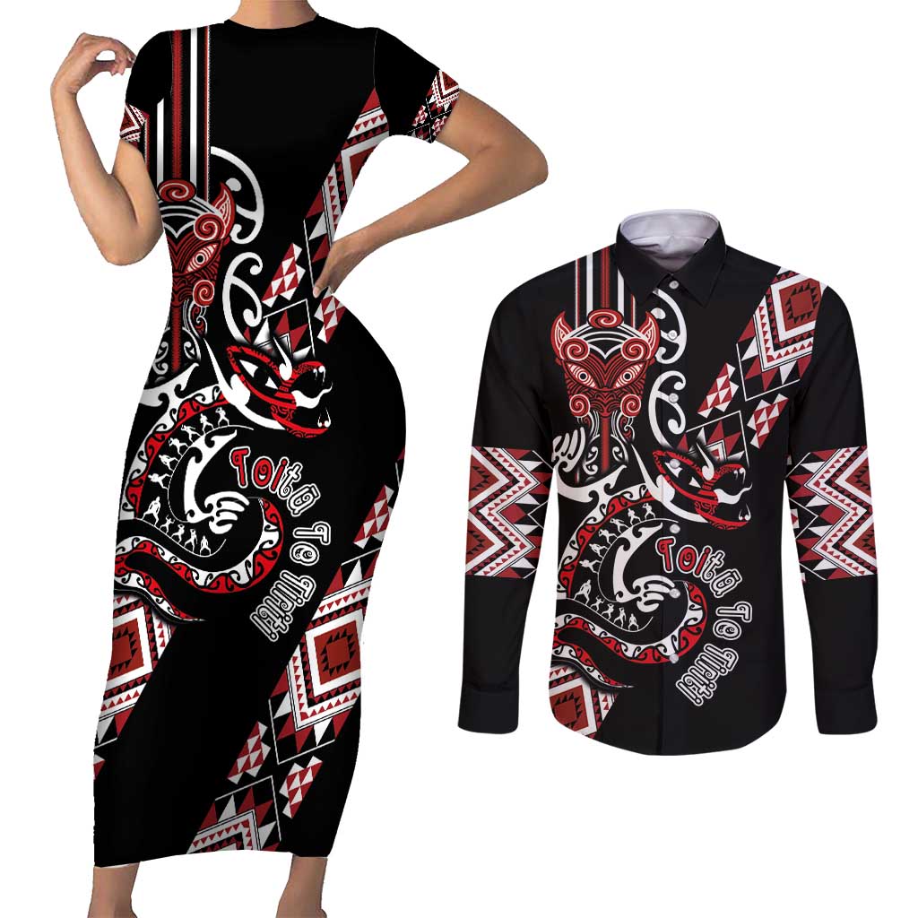 Aotearoa Toitu Te Tiriti-Honour the Treaty Couples Matching Short Sleeve Bodycon Dress and Long Sleeve Button Shirt Maori Taniwha Haka with Taniko and Tukutuku LT03 Black - Polynesian Pride