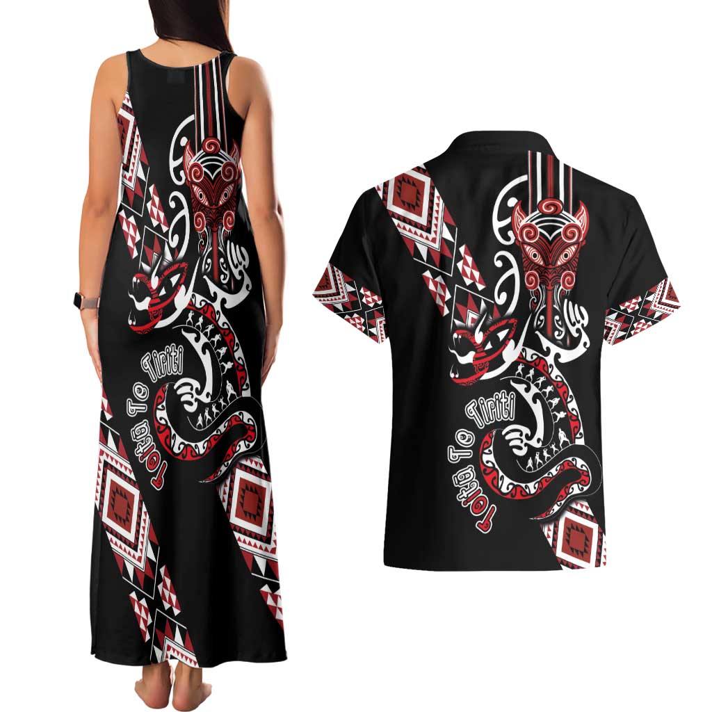 Aotearoa Toitu Te Tiriti-Honour the Treaty Couples Matching Tank Maxi Dress and Hawaiian Shirt Maori Taniwha Haka with Taniko and Tukutuku LT03 - Polynesian Pride