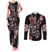 Aotearoa Toitu Te Tiriti-Honour the Treaty Couples Matching Tank Maxi Dress and Long Sleeve Button Shirt Maori Taniwha Haka with Taniko and Tukutuku LT03 Black - Polynesian Pride