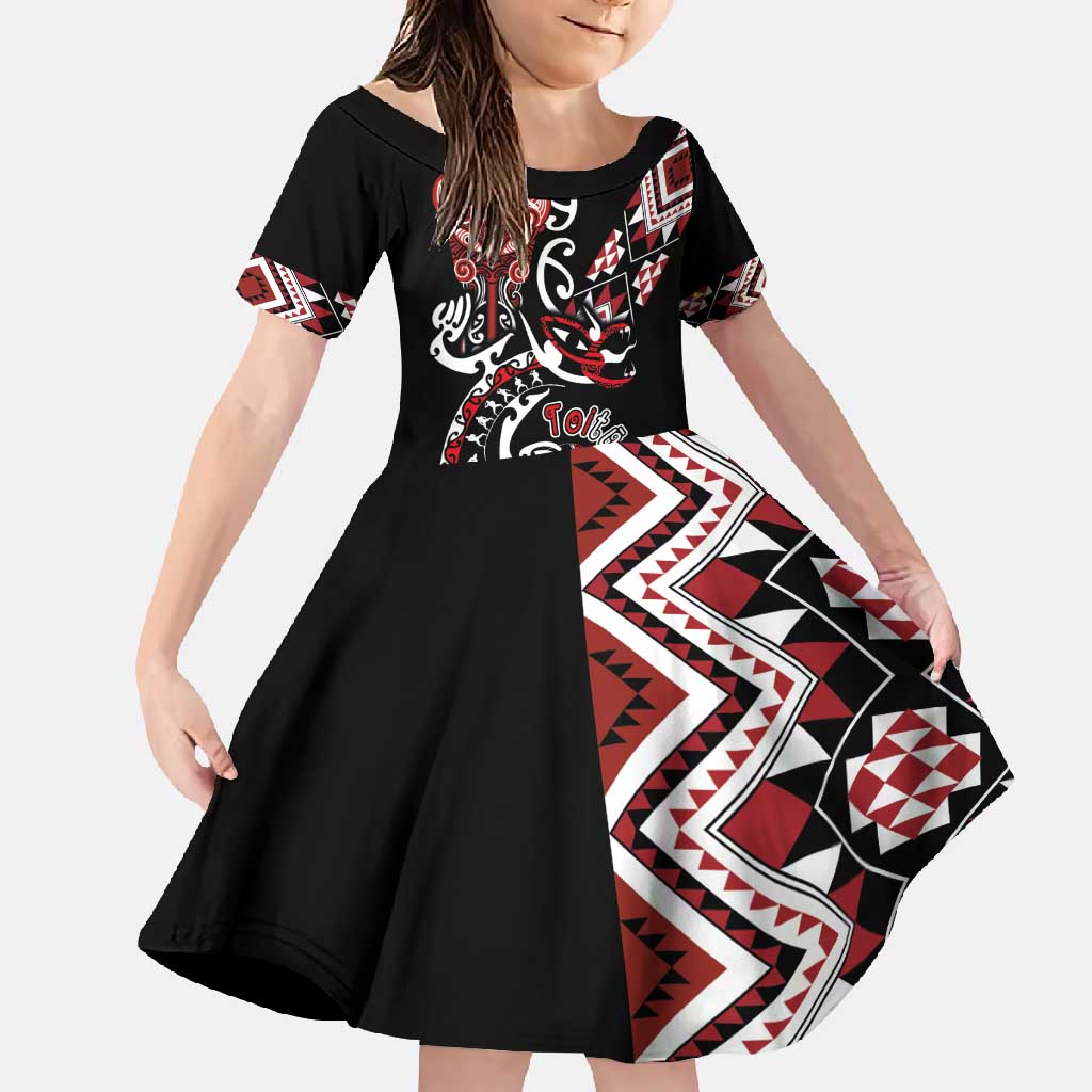 Aotearoa Toitu Te Tiriti-Honour the Treaty Family Matching Long Sleeve Bodycon Dress and Hawaiian Shirt Maori Taniwha Haka with Taniko and Tukutuku LT03 Daughter's Dress Black - Polynesian Pride