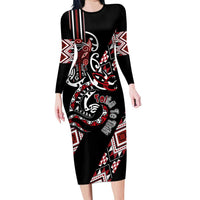 Aotearoa Toitu Te Tiriti-Honour the Treaty Family Matching Long Sleeve Bodycon Dress and Hawaiian Shirt Maori Taniwha Haka with Taniko and Tukutuku LT03 Mom's Dress Black - Polynesian Pride