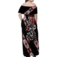 Aotearoa Toitu Te Tiriti-Honour the Treaty Family Matching Off Shoulder Maxi Dress and Hawaiian Shirt Maori Taniwha Haka with Taniko and Tukutuku LT03 - Polynesian Pride