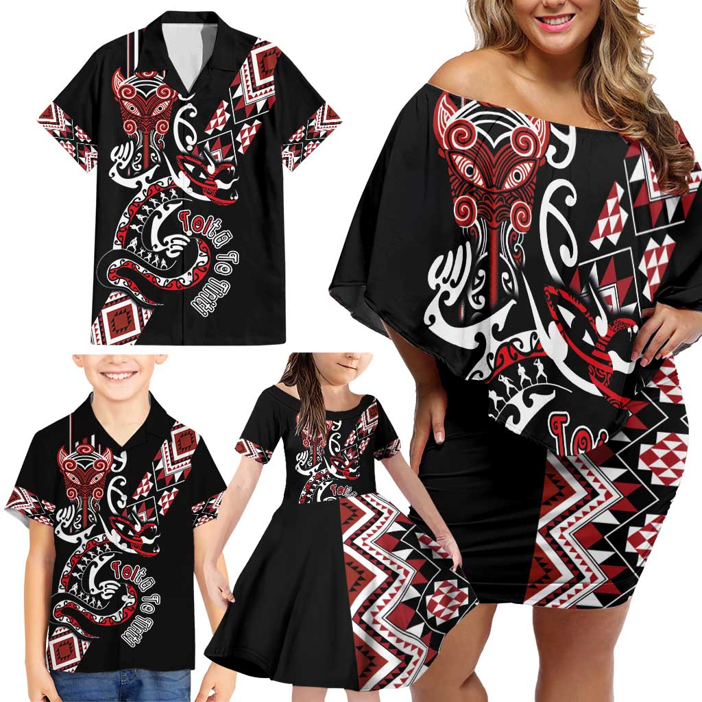 Aotearoa Toitu Te Tiriti-Honour the Treaty Family Matching Off Shoulder Short Dress and Hawaiian Shirt Maori Taniwha Haka with Taniko and Tukutuku LT03 - Polynesian Pride