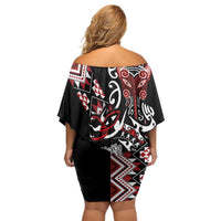 Aotearoa Toitu Te Tiriti-Honour the Treaty Family Matching Off Shoulder Short Dress and Hawaiian Shirt Maori Taniwha Haka with Taniko and Tukutuku LT03 - Polynesian Pride