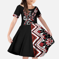 Aotearoa Toitu Te Tiriti-Honour the Treaty Family Matching Puletasi and Hawaiian Shirt Maori Taniwha Haka with Taniko and Tukutuku LT03 Daughter's Dress Black - Polynesian Pride