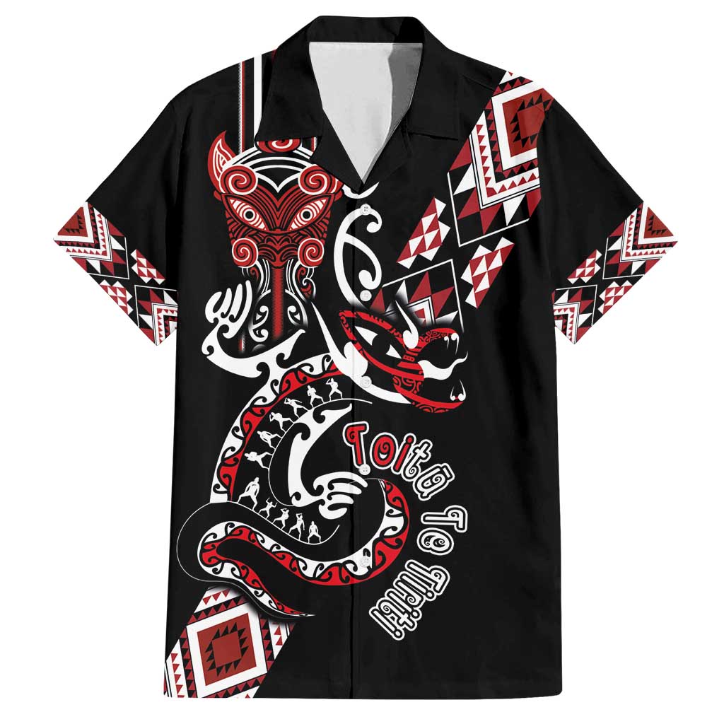 Aotearoa Toitu Te Tiriti-Honour the Treaty Family Matching Puletasi and Hawaiian Shirt Maori Taniwha Haka with Taniko and Tukutuku LT03 Dad's Shirt - Short Sleeve Black - Polynesian Pride