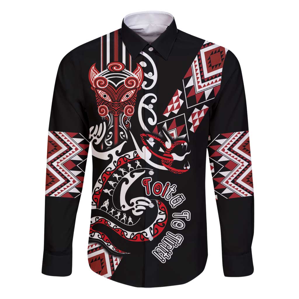 Aotearoa Toitu Te Tiriti-Honour the Treaty Family Matching Puletasi and Hawaiian Shirt Maori Taniwha Haka with Taniko and Tukutuku LT03 Dad's Shirt - Long Sleeve Black - Polynesian Pride