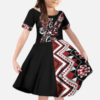 Aotearoa Toitu Te Tiriti-Honour the Treaty Family Matching Short Sleeve Bodycon Dress and Hawaiian Shirt Maori Taniwha Haka with Taniko and Tukutuku LT03 Daughter's Dress Black - Polynesian Pride