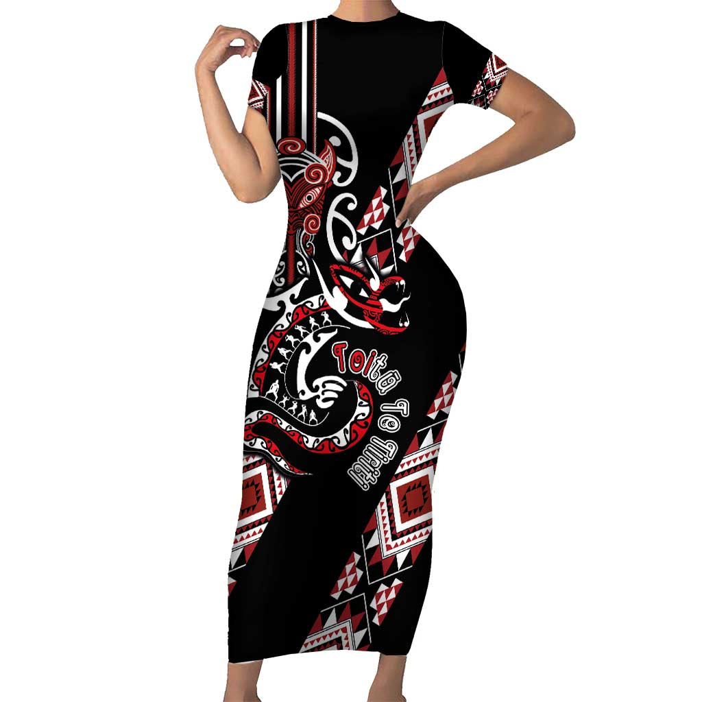 Aotearoa Toitu Te Tiriti-Honour the Treaty Family Matching Short Sleeve Bodycon Dress and Hawaiian Shirt Maori Taniwha Haka with Taniko and Tukutuku LT03 Mom's Dress Black - Polynesian Pride