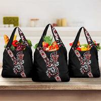 Aotearoa Toitu Te Tiriti-Honour the Treaty Grocery Bag Maori Taniwha Haka with Taniko and Tukutuku LT03 3-pack One Size Black - Polynesian Pride