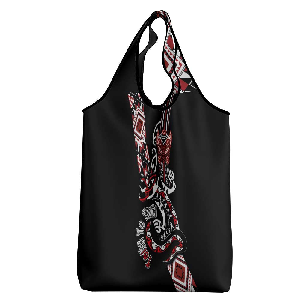 Aotearoa Toitu Te Tiriti-Honour the Treaty Grocery Bag Maori Taniwha Haka with Taniko and Tukutuku LT03 - Polynesian Pride