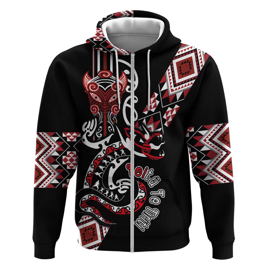 Aotearoa Toitu Te Tiriti-Honour the Treaty Hoodie Maori Taniwha Haka with Taniko and Tukutuku LT03 Zip Hoodie Black - Polynesian Pride