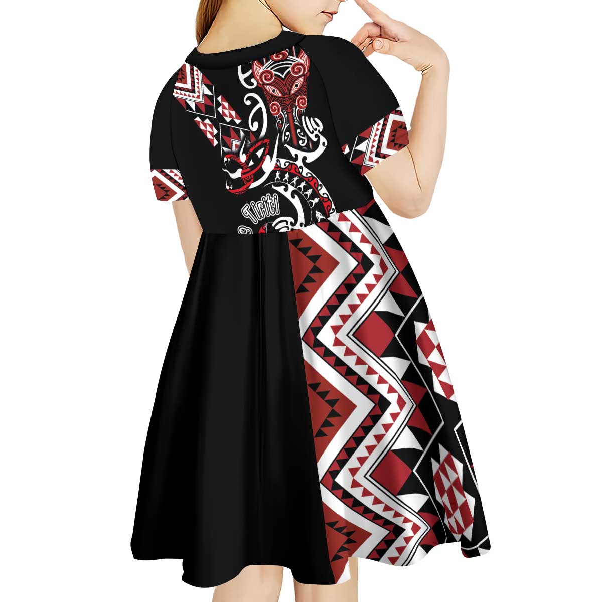 Aotearoa Toitu Te Tiriti-Honour the Treaty Kid Short Sleeve Dress Maori Taniwha Haka with Taniko and Tukutuku LT03 - Polynesian Pride