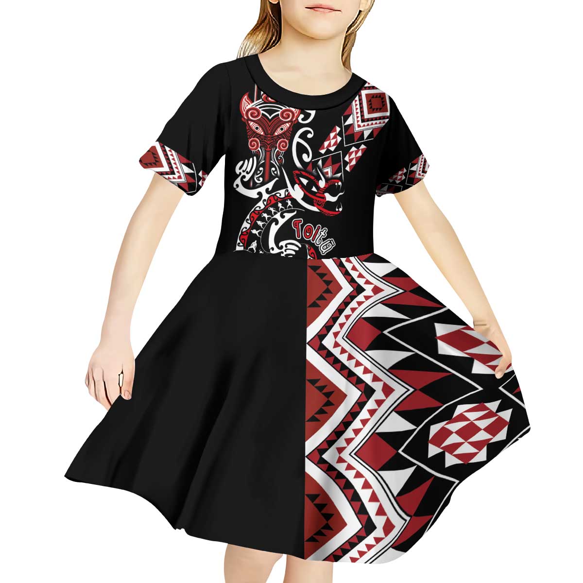 Aotearoa Toitu Te Tiriti-Honour the Treaty Kid Short Sleeve Dress Maori Taniwha Haka with Taniko and Tukutuku LT03 - Polynesian Pride