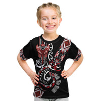 Aotearoa Toitu Te Tiriti-Honour the Treaty Kid T Shirt Maori Taniwha Haka with Taniko and Tukutuku LT03 Black - Polynesian Pride