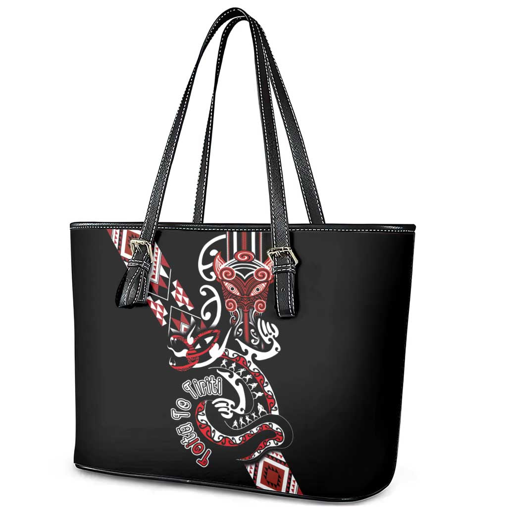 Aotearoa Toitu Te Tiriti-Honour the Treaty Leather Tote Bag Maori Taniwha Haka with Taniko and Tukutuku LT03 - Polynesian Pride