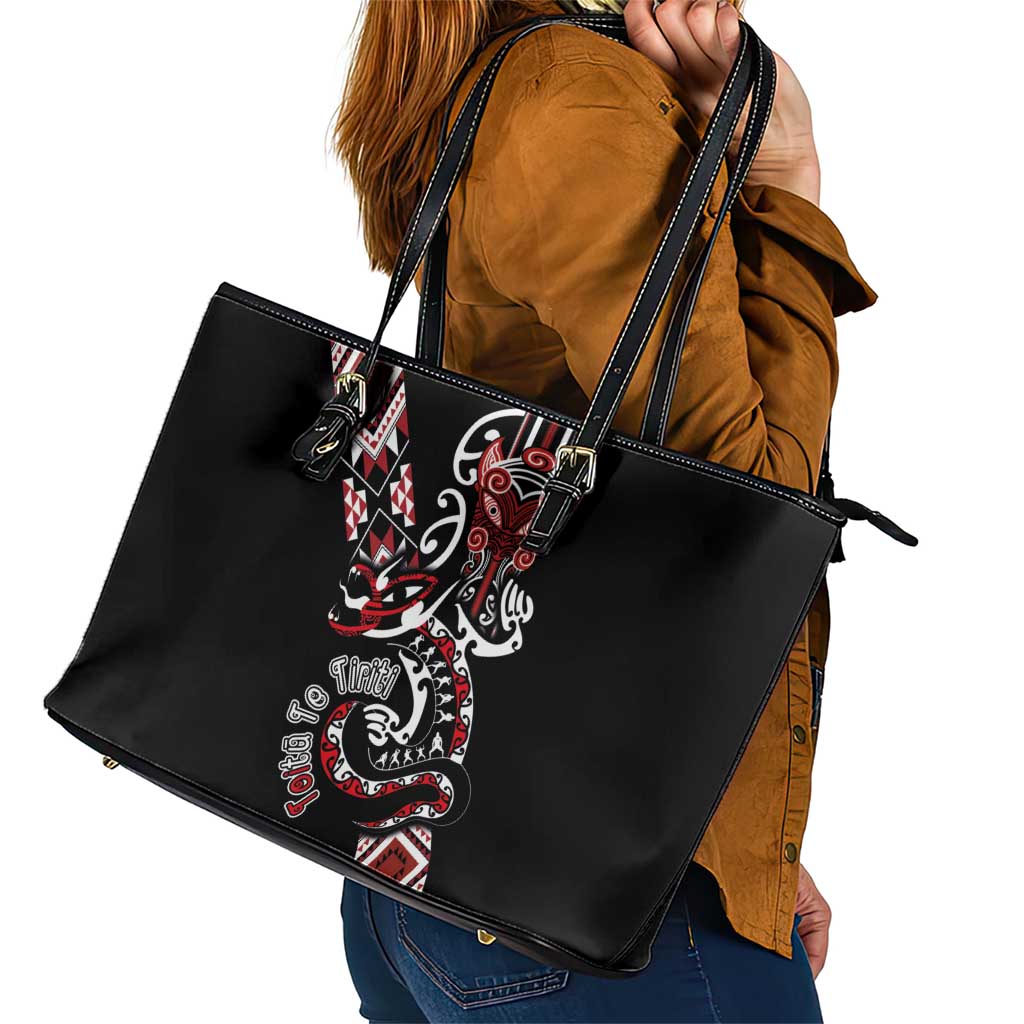 Aotearoa Toitu Te Tiriti-Honour the Treaty Leather Tote Bag Maori Taniwha Haka with Taniko and Tukutuku LT03 - Polynesian Pride