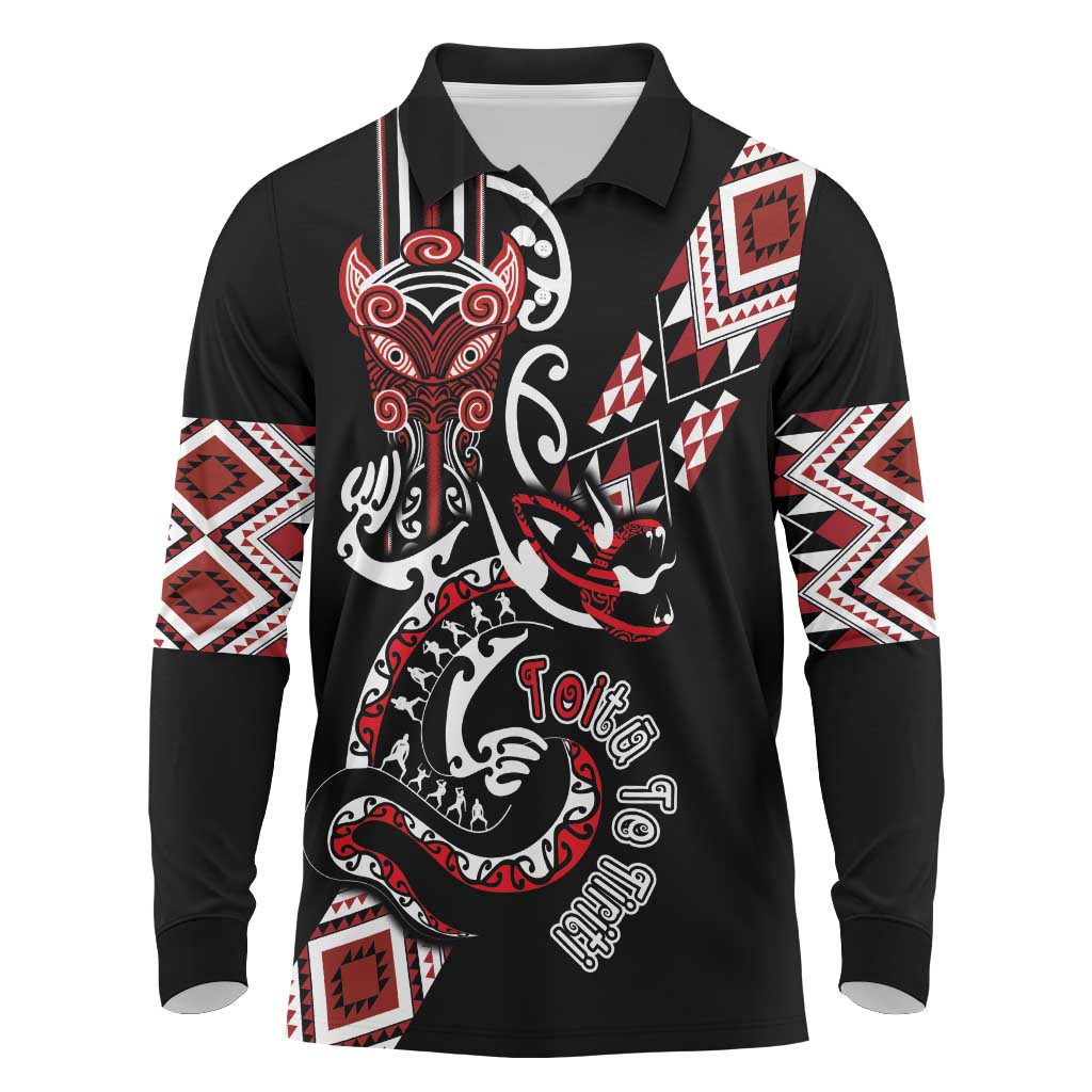 Aotearoa Toitu Te Tiriti-Honour the Treaty Long Sleeve Polo Shirt Maori Taniwha Haka with Taniko and Tukutuku LT03 Black - Polynesian Pride