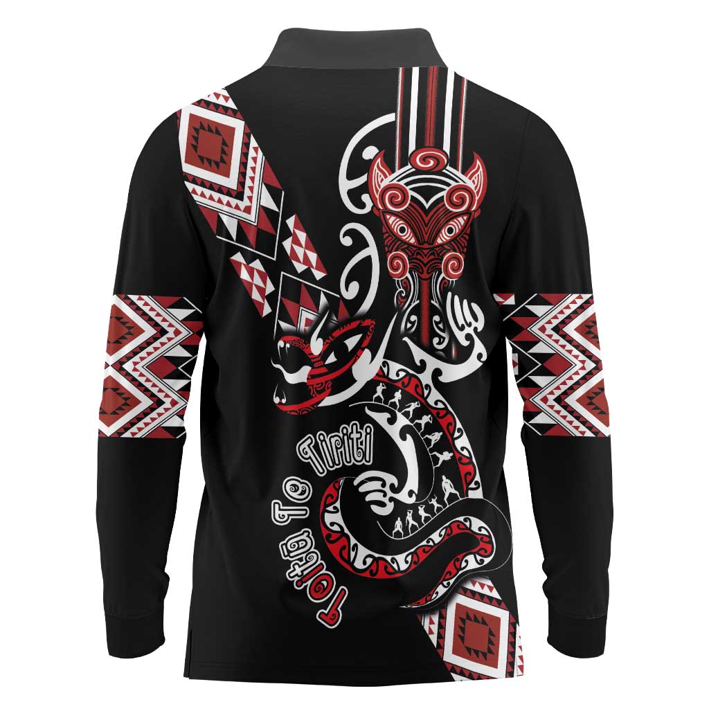 Aotearoa Toitu Te Tiriti-Honour the Treaty Long Sleeve Polo Shirt Maori Taniwha Haka with Taniko and Tukutuku LT03 - Polynesian Pride